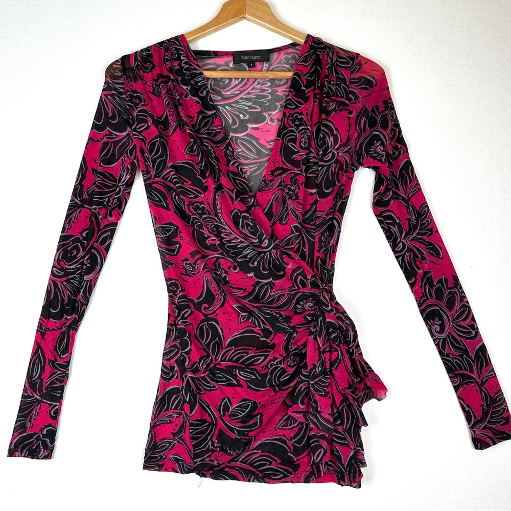 Karen Kane Mesh Faux Wrap Floral Shirt Office Career